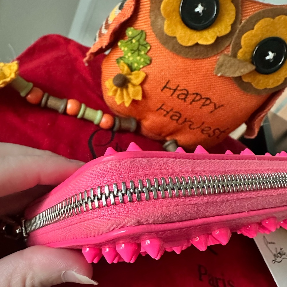 Christian Louboutin RARE COLOR Neon Pink Studded Wallet zip Card Holder - Picture 4 of 13